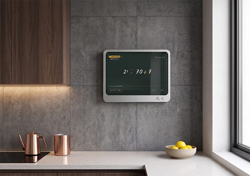 Weirdo Watch Grande, an aluminium clock wall-mounted in a kitchen