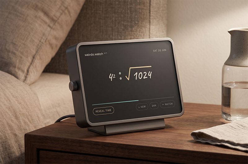Weirdo Watch Studio, an aluminium-framed clock on a nightstand